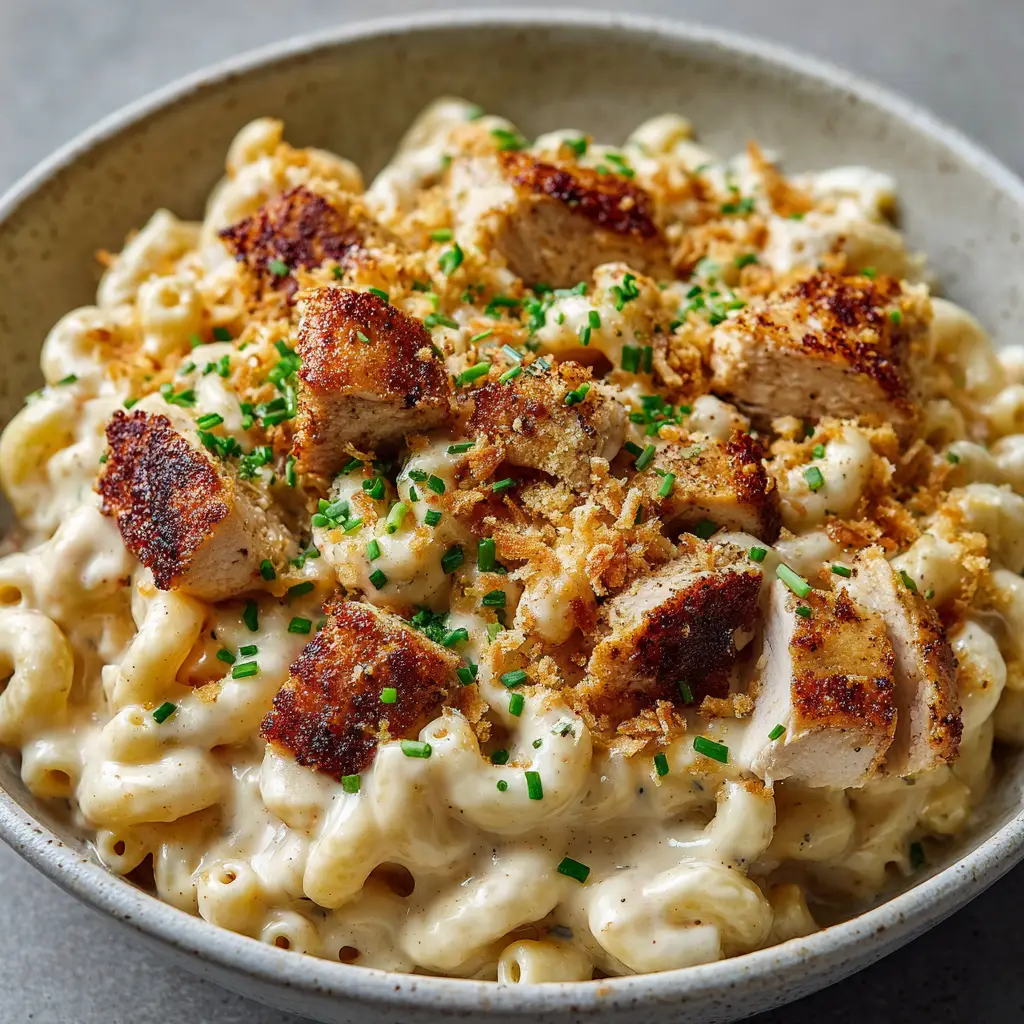 Casual plating of Cajun chicken mac and cheese with toasted breadcrumbs and fresh chives in a gray bowl.