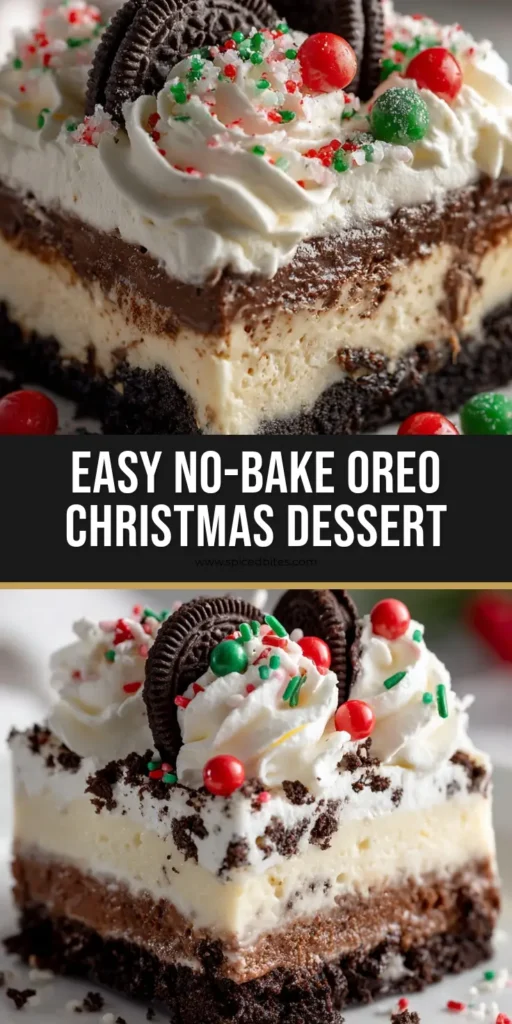 Vertical Pin showing a slice of No-Bake Christmas Oreo Lasagna with layers of chocolate cookies, cream cheese, and pudding topped with whipped cream and red and green sprinkles.