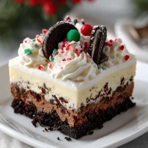 A square slice of No-Bake Christmas Oreo Lasagna on a white plate showing distinct chocolate and cream layers. (No-Bake Christmas Oreo Lasagna)