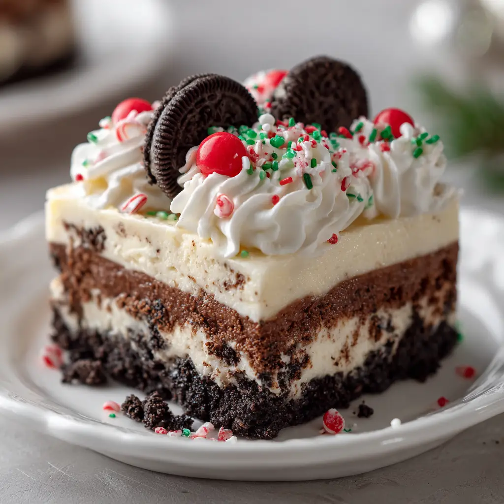 Top-down view of No-Bake Christmas Oreo Lasagna with piped whipped cream swirls, red sugar pearls, and peppermint candies.