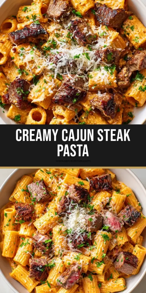 Cajun Steak Rigatoni with Creamy Blackened Garlic Sauce 4 An overhead close-up of Cajun Steak Rigatoni in a white bowl with melted cheese and fresh parsley.