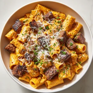 Detailed shot of rigatoni pasta coated in orange Cajun sauce with juicy steak cubes.