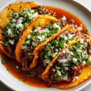 Close-up of shredded beef filling with melted cheese in a stained orange corn tortilla for Crock Pot Birria Tacos.