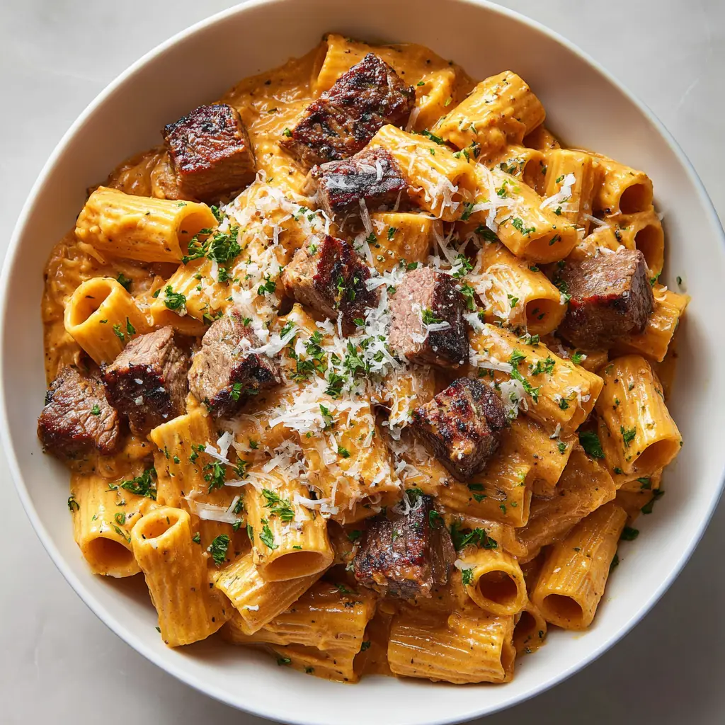 Cajun Steak Rigatoni with Creamy Blackened Garlic Sauce 1 Cajun Steak Rigatoni featuring melted white cheese and finely grated parmesan.