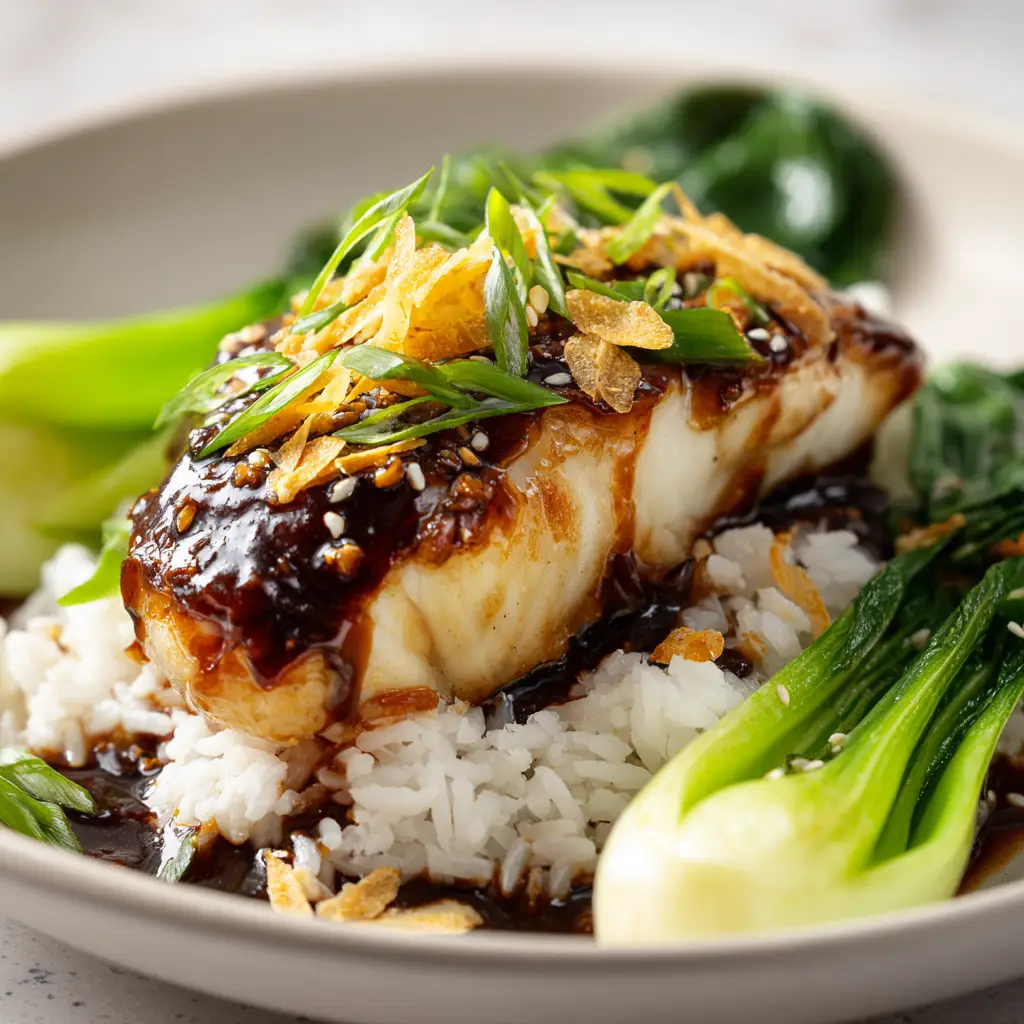Ginger Soy Fish with a Glossy Umami Glaze and Steamed Bok Choy 1 Steamed baby bok choy and jasmine rice beneath a glazed Ginger Soy Fish fillet.