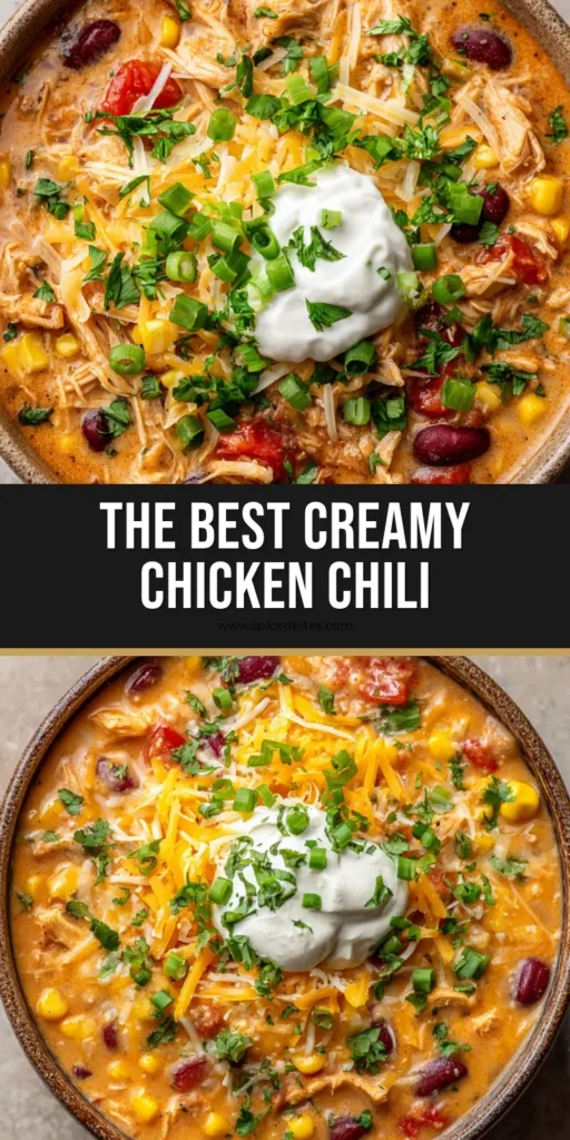 Crockpot Cream Cheese Chicken Chili: The Ultimate Creamy Slow Cooker Comfort 4 An overhead close-up of a rustic bowl of Crockpot Cream Cheese Chicken Chili topped with shredded cheese, sour cream, and cilantro.