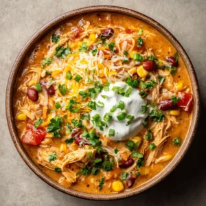 Crockpot Cream Cheese Chicken Chili: The Ultimate Creamy Slow Cooker Comfort 3 Overhead view of a dense, orange-tinted chicken chili showing corn, beans, and shredded chicken. (Crockpot Cream Cheese Chicken Chili)