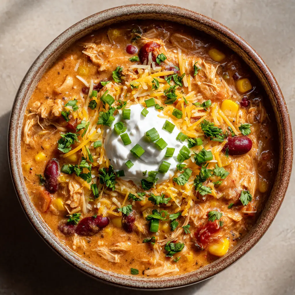 Crockpot Cream Cheese Chicken Chili: The Ultimate Creamy Slow Cooker Comfort 1 Close-up of shredded cheddar and Monterey Jack cheese melting over a bowl of Crockpot Cream Cheese Chicken Chili.