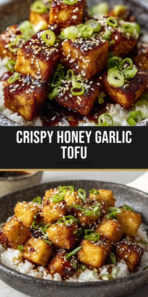 Crispy Honey Garlic Tofu: The Ultimate Better-Than-Takeout Guide 4 A close-up of crispy deep-fried tofu cubes with a glossy dark amber honey garlic glaze, served over white rice in a stoneware bowl. (Crispy Honey Garlic Tofu)