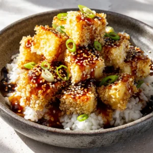 Macro photography of golden-brown crispy tofu cubes piled in a dark bowl with scallions and sesame seeds. (Crispy Honey Garlic Tofu)
