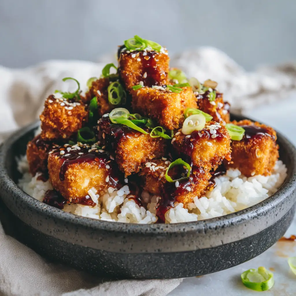 Crispy Honey Garlic Tofu: The Ultimate Better-Than-Takeout Guide 1 A side view of glossy honey garlic tofu pieces on a bed of fluffy white rice, illuminated by natural light.