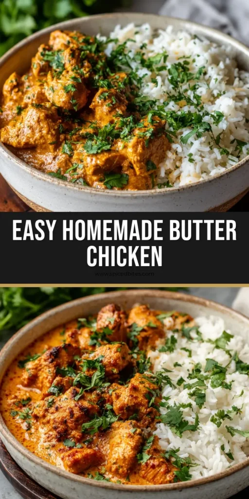 Homemade Butter Chicken: The Ultimate Guide to Rich, Creamy Murgh Makhani 4 A rustic stoneware bowl filled with creamy orange-hued Homemade Butter Chicken and fluffy white basmati rice, topped with fresh cilantro.