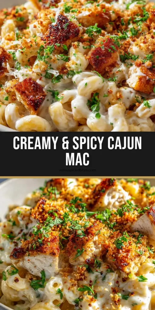 Cajun Chicken Mac and Cheese: The Ultimate Creamy Southern Comfort Recipe 4 A shallow bowl of Cajun Chicken Mac and Cheese topped with toasted breadcrumbs, reddish-brown seasoning, and fresh green parsley.