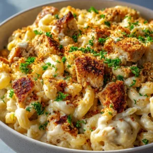 Close-up of gooey white cheese sauce clinging to elbow macaroni and pan-seared chicken cubes.