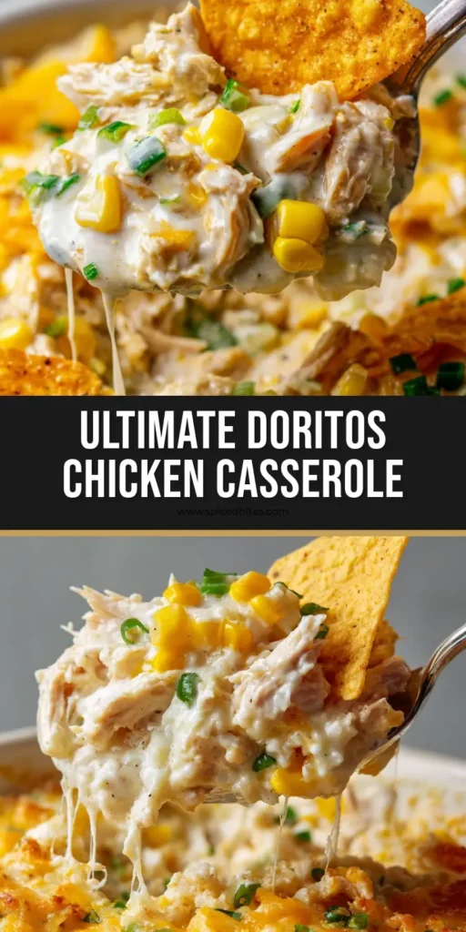 Doritos Casserole With Chicken: The Ultimate Creamy, Crunchy Comfort Food 4 A bubbling 9x13 pan of Doritos Casserole With Chicken showing golden melted cheese and crunchy nacho chips on top.