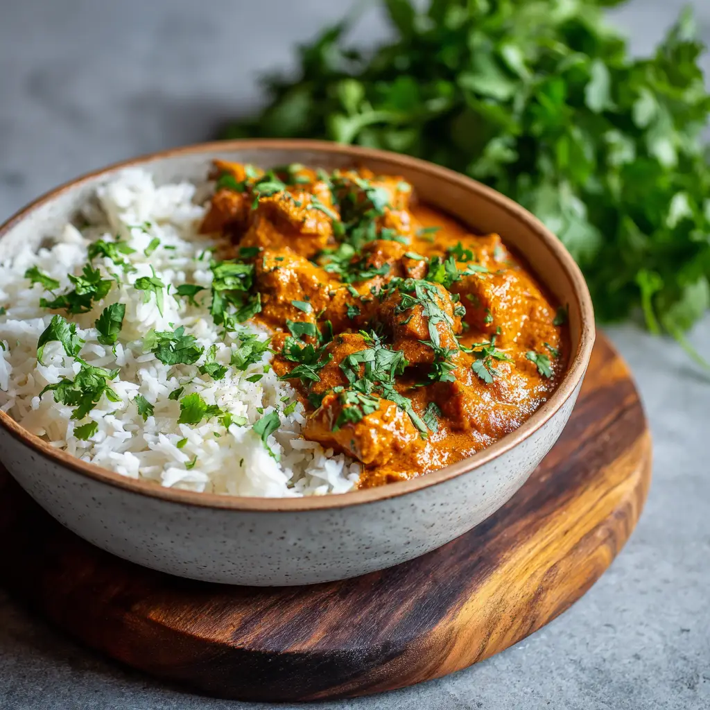 Homemade Butter Chicken: The Ultimate Guide to Rich, Creamy Murgh Makhani 1 Handheld photo of Homemade Butter Chicken in a light grey stoneware bowl on a dark wooden board.
