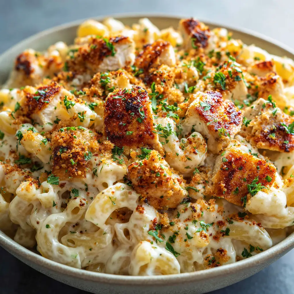 Cajun Chicken Mac and Cheese: The Ultimate Creamy Southern Comfort Recipe 1 A shallow grey stoneware bowl featuring Cajun Chicken Mac and Cheese with golden-brown chicken and breadcrumbs.