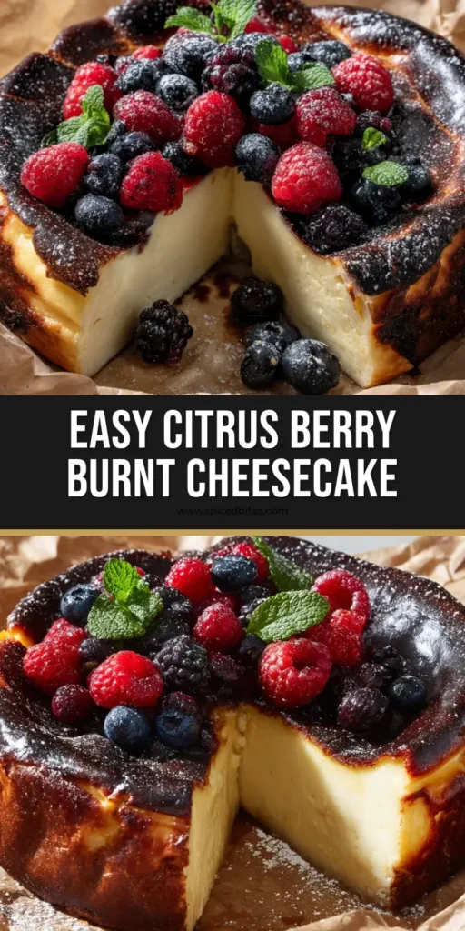 A whole Citrus Berry Burnt Cheesecake on crumpled parchment paper topped with fresh raspberries, blueberries, and blackberries.