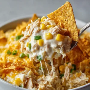 Doritos Casserole With Chicken: The Ultimate Creamy, Crunchy Comfort Food 3 Extreme close-up of a spoonful of Doritos Casserole With Chicken with stringy mozzarella, corn, and a nacho chip.