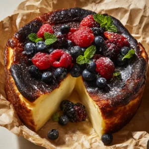 A cross-section of Citrus Berry Burnt Cheesecake showing the creamy interior and deeply caramelized top.