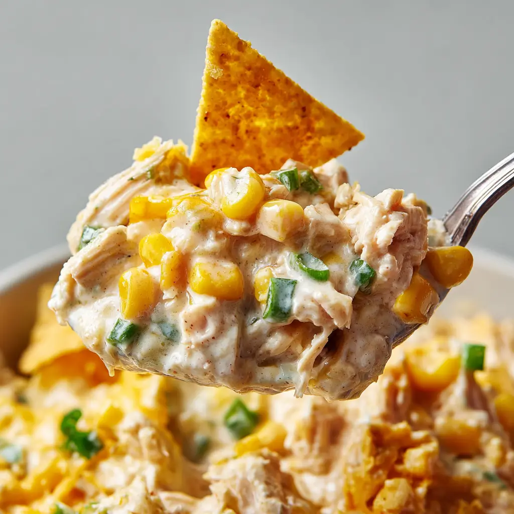 Doritos Casserole With Chicken: The Ultimate Creamy, Crunchy Comfort Food 1 A thick portion of Doritos Casserole With Chicken showing the layers of creamy sauce and whole yellow corn kernels.