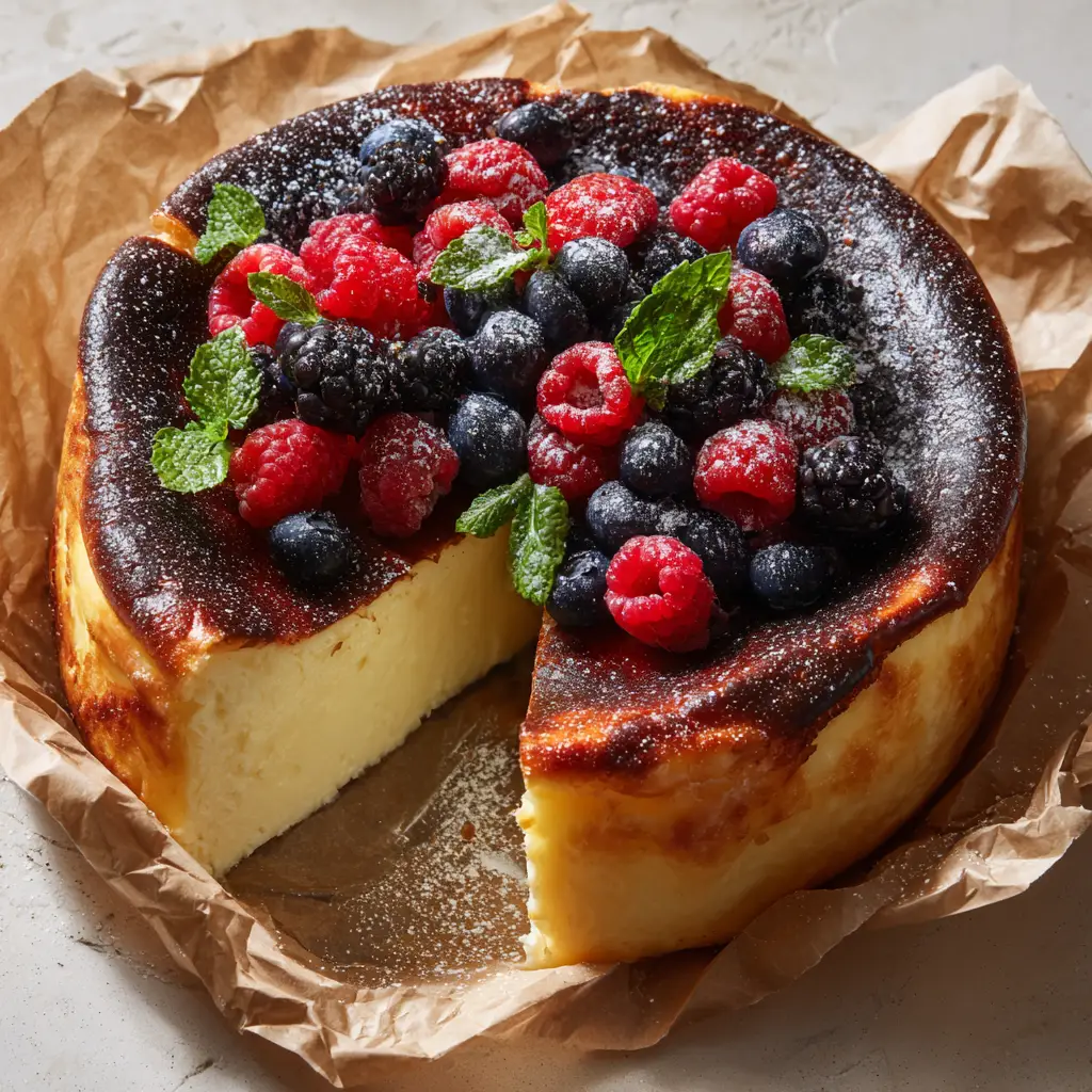 High-angle view of Citrus Berry Burnt Cheesecake with vibrant berries and mint leaves.