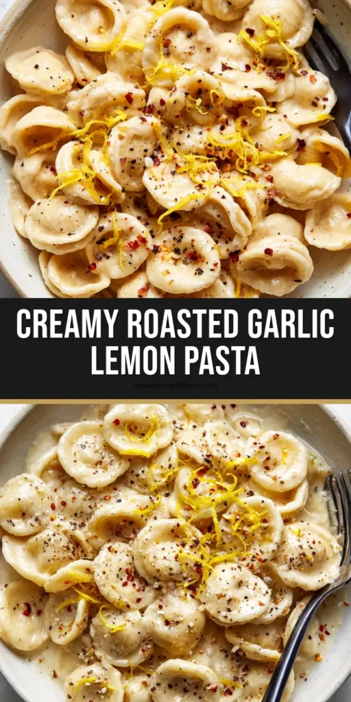 Creamy Roast Garlic and Lemon Pasta with Orecchiette 4 An overhead view of Creamy Roast Garlic and Lemon Pasta garnished with zest and pepper in a white bowl with a black fork.