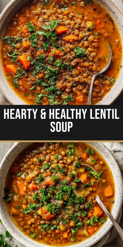 Lentil Soup Recipe: The Ultimate Thick and Rustic Comfort Bowl 4 A close-up overhead shot of a thick, rustic Lentil Soup Recipe in an off-white ceramic bowl with fresh parsley and cracked black pepper.