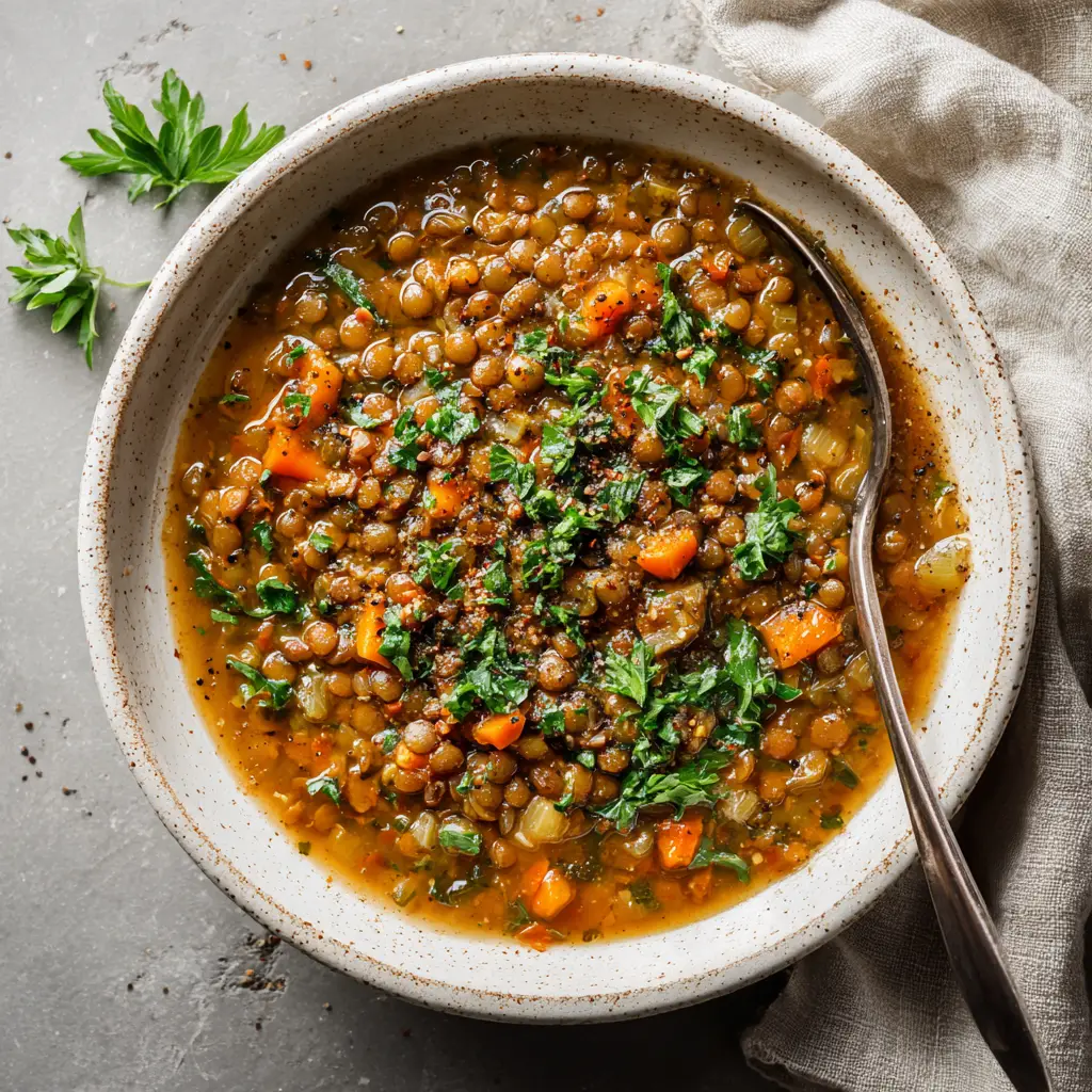 Lentil Soup Recipe: The Ultimate Thick and Rustic Comfort Bowl 1 A close-up of fresh parsley and cracked black pepper garnishing a Lentil Soup Recipe on a stone surface.