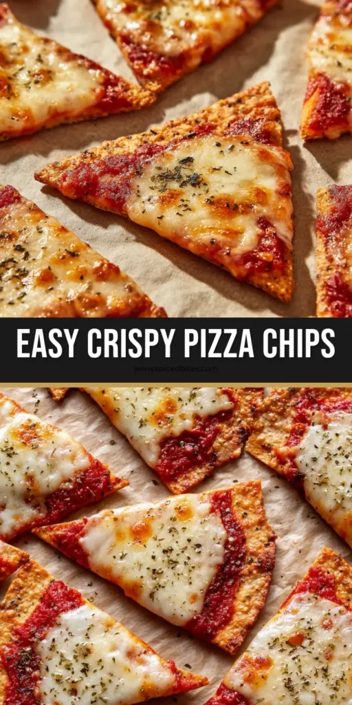 Pizza Chips: The Ultimate Crispy Baked Dough Snack 4 A close-up of crispy, golden-brown triangular Pizza Chips topped with bubbly melted mozzarella and dark green herbs on parchment paper.
