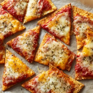 Pizza Chips: The Ultimate Crispy Baked Dough Snack 3 An array of triangular and rectangular Pizza Chips with puffed edges and melted cheese on a brown background.