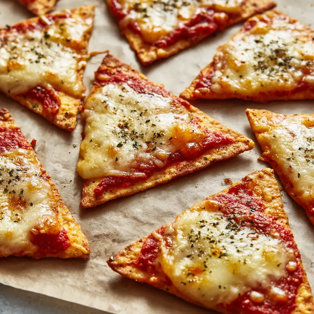 Pizza Chips: The Ultimate Crispy Baked Dough Snack 1 Detailed close-up of Pizza Chips with vibrant red sauce and caramelized mozzarella spots.