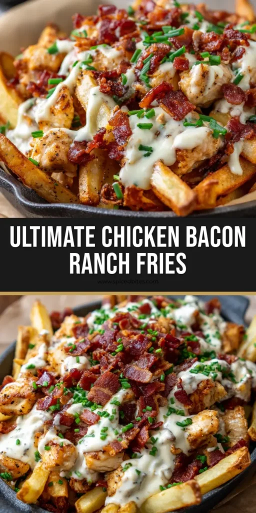 Chicken Bacon Ranch Fries: The Ultimate Loaded Skillet Recipe 4 A top-down view of loaded Chicken Bacon Ranch Fries in a black cast iron skillet with crispy bacon and chives.