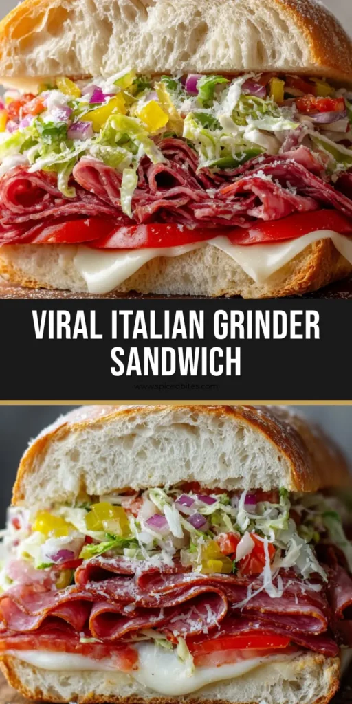 Italian Grinder Sandwich: The Ultimate Loaded Deli Sub Recipe 4 A towering Italian Grinder Sandwich cross-section showing layers of tomato, melted cheese, folded salami, and creamy lettuce salad. (Italian Grinder Sandwich)