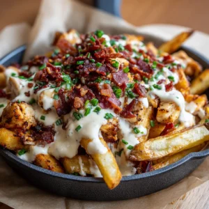 Close-up eye-level shot of Chicken Bacon Ranch Fries in a matte black skillet on brown parchment paper.