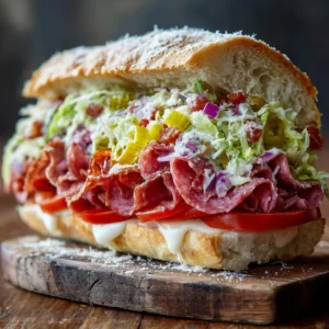Italian Grinder Sandwich: The Ultimate Loaded Deli Sub Recipe 3 Cross-section of an Italian Grinder Sandwich on a wooden board with thick red tomatoes and melted provolone. (Italian Grinder Sandwich)