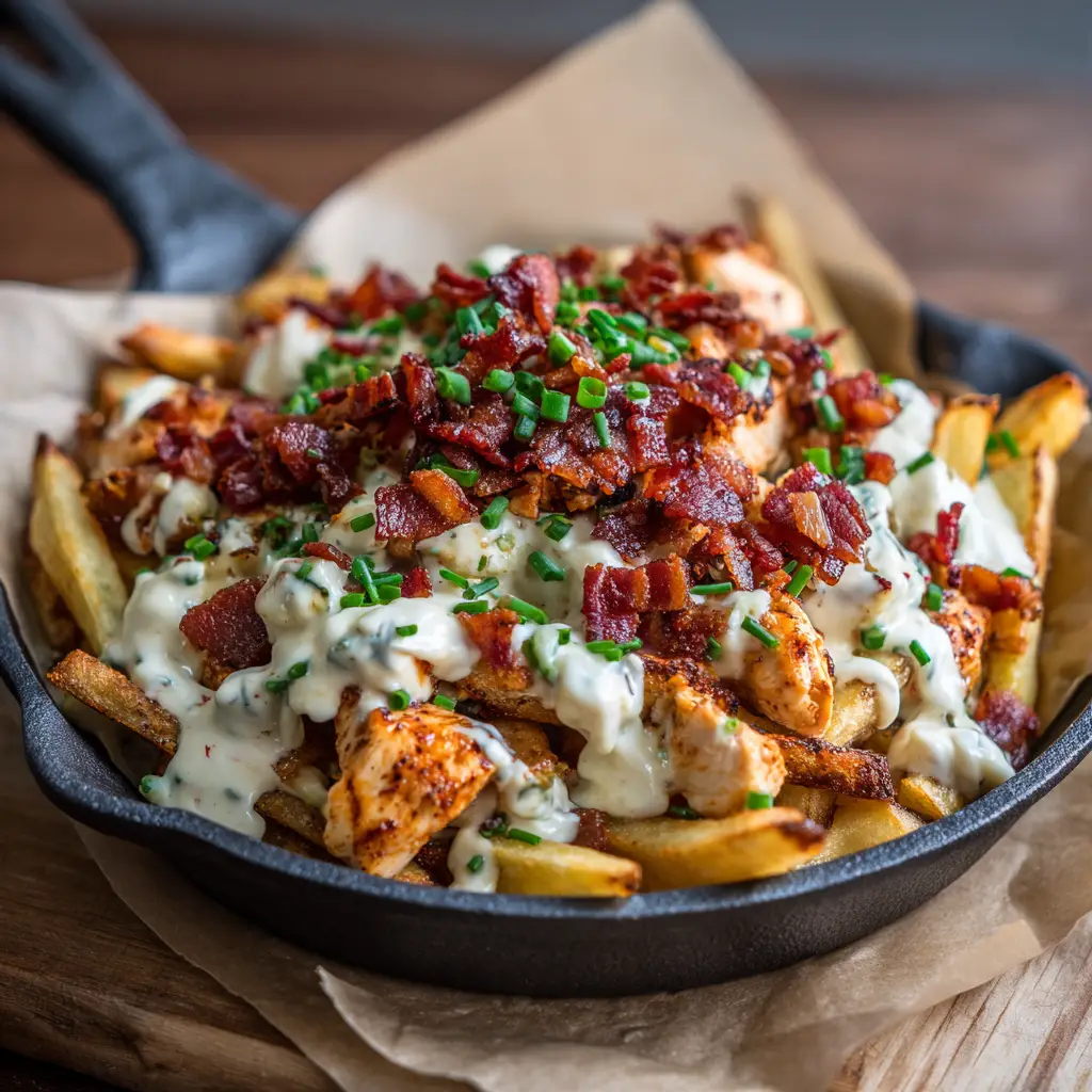 Chicken Bacon Ranch Fries: The Ultimate Loaded Skillet Recipe 1 Macro shot of crispy reddish-brown bacon and fresh green chives over creamy ranch dressing on fries.