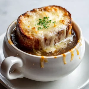 Close-up eye-level shot of French Onion Soup in a white ceramic bowl showing rich brown broth and melted Gruyere cheese.