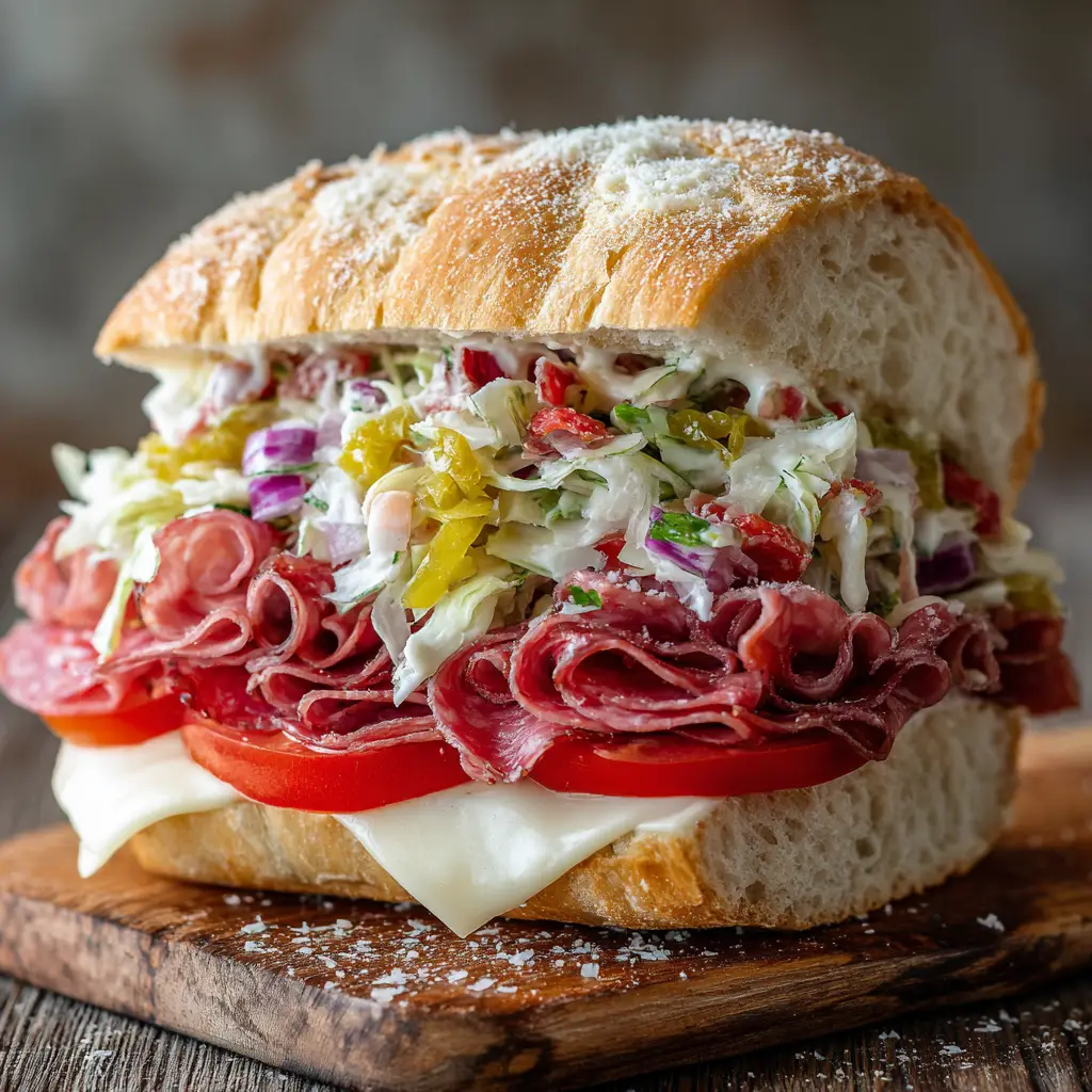 Italian Grinder Sandwich: The Ultimate Loaded Deli Sub Recipe 1 A close-up view of the creamy grinder salad topping and Parmesan-dusted bread on an Italian Grinder Sandwich.