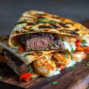 Creole Steak and Shrimp Quesadillas: The Ultimate Surf and Turf Recipe 3 Close-up of stacked quesadillas with medium-rare steak, paprika shrimp, and melted white cheese. (Creole Steak and Shrimp Quesadillas)