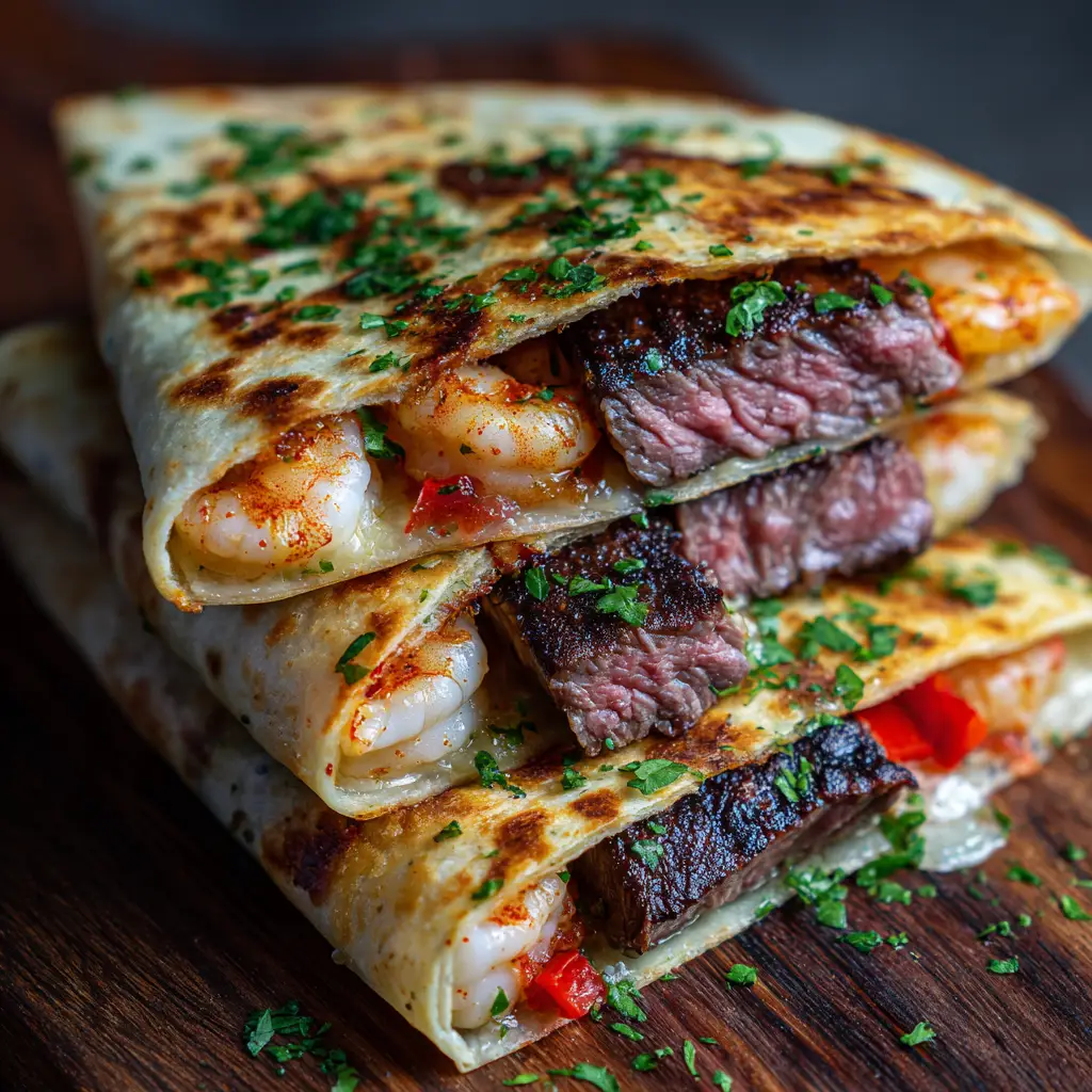 Creole Steak and Shrimp Quesadillas: The Ultimate Surf and Turf Recipe 1 Eye-level shot of folded quesadillas on a dark background showing golden-brown charred spots. (Creole Steak and Shrimp Quesadillas)