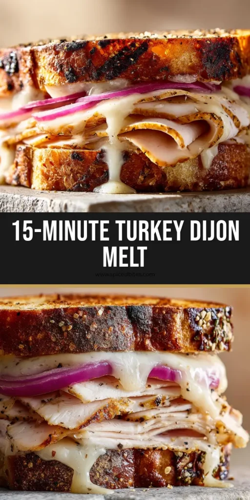 Turkey Dijon Melt: The Ultimate Crispy, Cheesy Bistro Sandwich 4 A close-up shot of a Turkey Dijon Melt with dripping Monterey Jack cheese and charred grill marks on a stone slate.