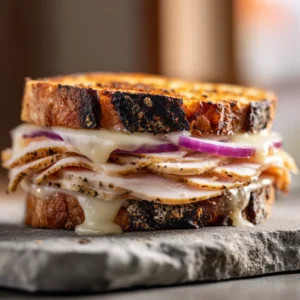 Turkey Dijon Melt: The Ultimate Crispy, Cheesy Bistro Sandwich 3 Eye-level shot of a Turkey Dijon Melt with visible layers of seasoned turkey and a purple red onion slice.