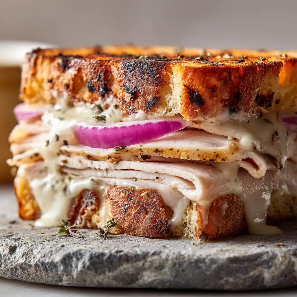 Turkey Dijon Melt: The Ultimate Crispy, Cheesy Bistro Sandwich 1 Detailed view of Monterey Jack cheese dripping down the side of a Turkey Dijon Melt sandwich.