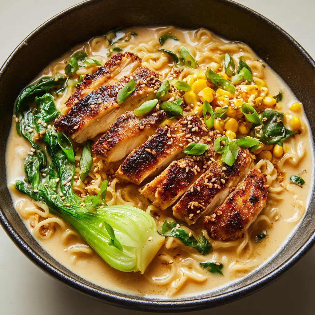 Creamy Garlic Chicken Ramen with Golden Pan-Seared Poultry 1 A bowl of Creamy Garlic Chicken Ramen garnished with chopped scallions, corn, and toasted sesame seeds.