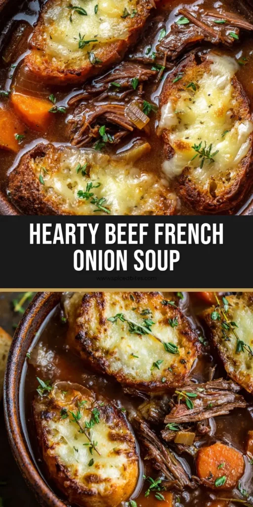 Overhead shot of Beef Short Rib French Onion Soup in a rustic bowl with melted Gruyere and fresh thyme.