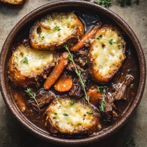 Close-up of Beef Short Rib French Onion Soup showing the dark seared beef crust and glossy broth.
