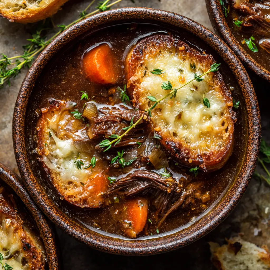 A rustic bowl of French onion soup topped with thick toasted bread and melted golden Gruyere cheese.