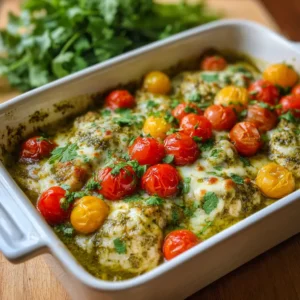 Salsa Verde Chicken Casserole with Blistered Tomatoes and Melted Mozzarella 3 High-angle view of Salsa Verde Chicken Casserole with bubbling mozzarella and burst cherry tomatoes.
