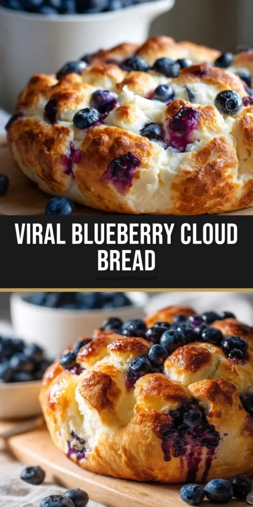 Cottage Cheese Cloud Bread with Fresh Blueberries: A High-Protein, Spongy Masterpiece 4 A rustic loaf of golden-brown Cottage Cheese Cloud Bread topped with bursting blueberries on a wooden board.